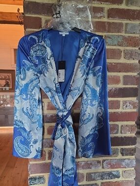 Gianni Bini Blue Paisley Satin Kimono Wrap Dress Jenni Printed Small